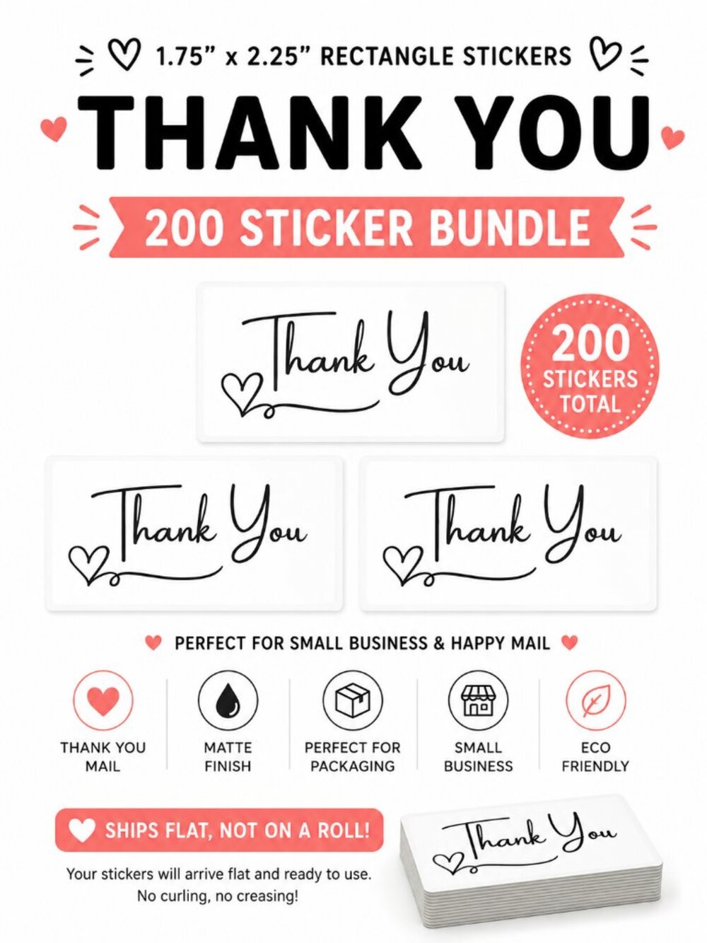 White Thank You Packaging Stickers 200 Rectangle Labels for Small Business Pack